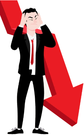 Stressed business owner with a downward red arrow